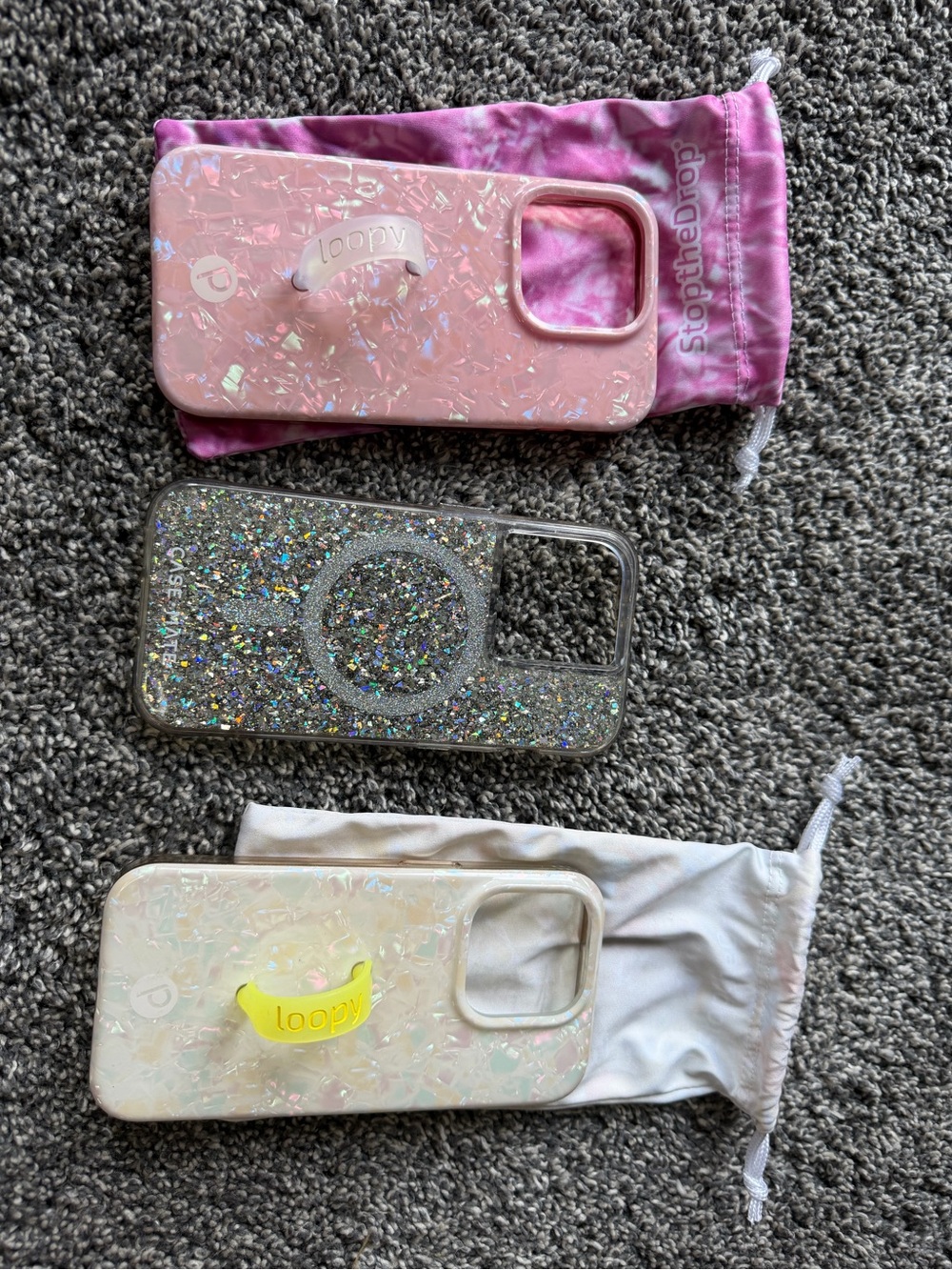 Loopy Case Pink Iridescent, Clear Glitter & Pearl White Loopy Grip Phone Cases